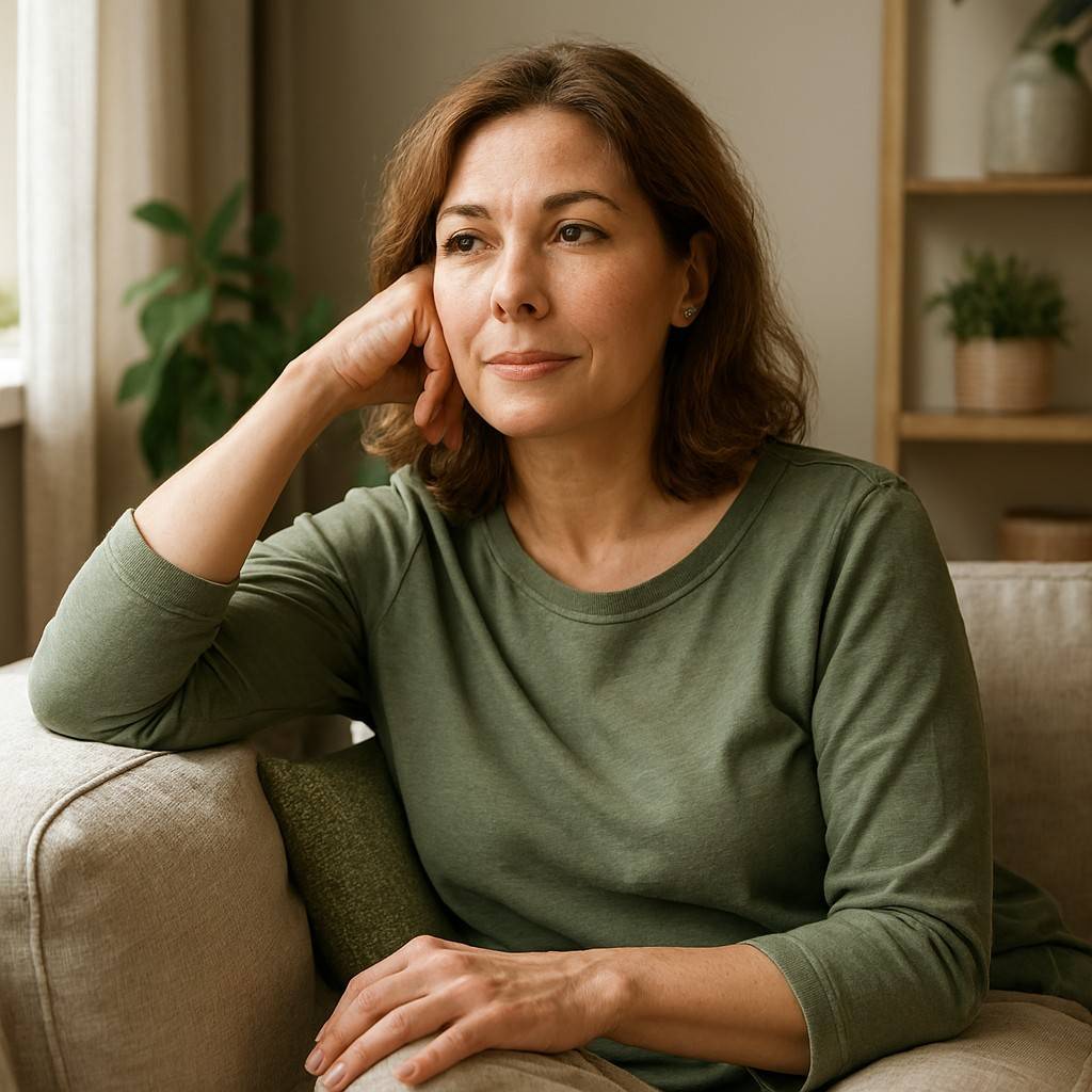 Woman in her 40s sitting thoughtfully on sofa